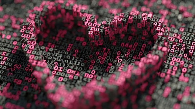 A digital illustration of a padlock made of pink and white binary code on a dark background - Powered by Adobe