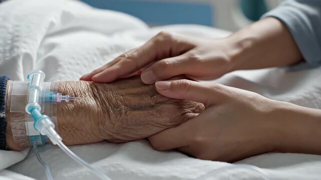 Comforting Touch: A tender moment unfolds as two hands intertwine, offering solace and support during a time of need, evoking compassion and empathy.