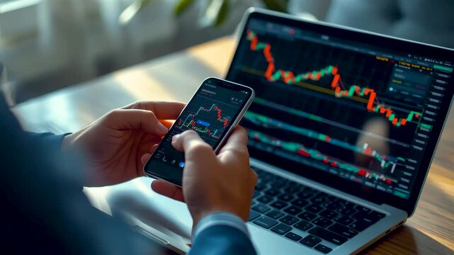 Person hands holding smartphone displaying stock market candlestick chart while viewing laptop screen with trading graphs and financial data in low light workspace