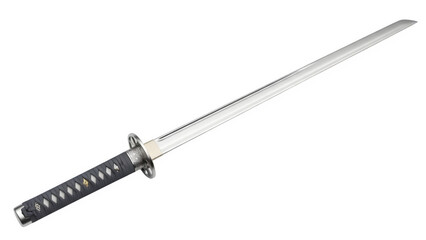 Silver Samurai Sword with Long Blade Isolated on White or Transparent Background
