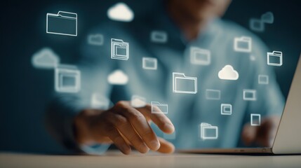 Medium shot of a person organizing digital files on a cloud storage interface highlighting secure access and seamless backup options for photo preservation.