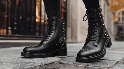 Close-up of black studded combat boots with thick soles on a cobblestone street