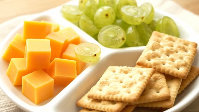 A delightful snack plate features cheese cubes and fresh green grapes. Crispy crackers complete this simple and inviting appetizer.  For kids.