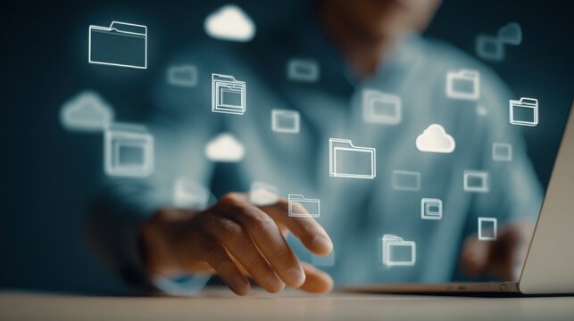 Medium shot of a person organizing digital files on a cloud storage interface highlighting secure access and seamless backup options for photo preservation. - Powered by Adobe