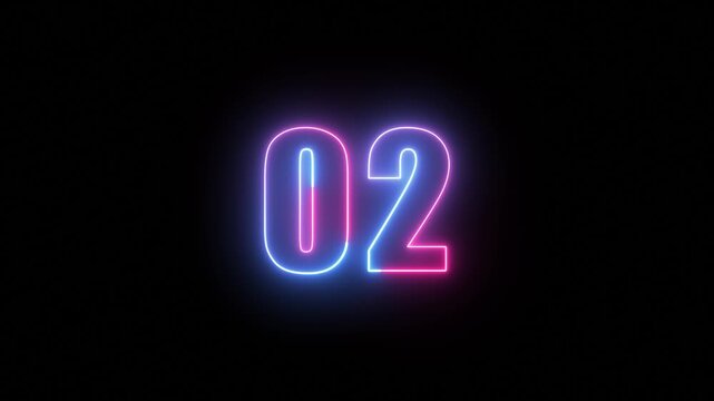 Glowing neon text 02 number on black background