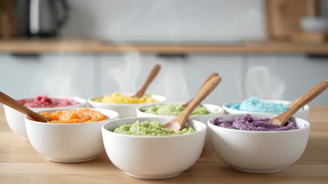 Six vibrant bowls of steaming mashed food are ready to eat. These colorful purees offer a healthy and diverse meal option.