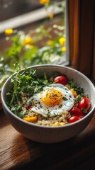 Healthy quinoa bowl with fried egg, cherry tomatoes and fresh herbs on a wooden windowsill