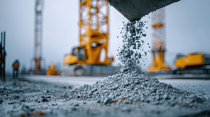 Concrete pouring onto a construction site with heavy machinery visible