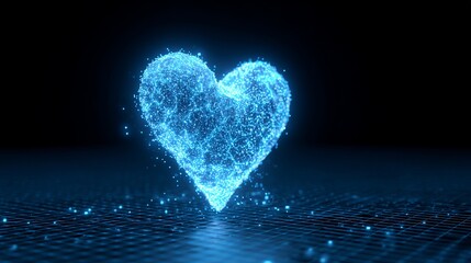 A glowing blue heart made of tiny particles on a dark background with a grid floor