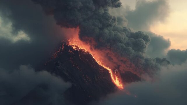 Erupting volcano with lava and smoke on a cloudy day landscape