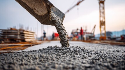 Concrete pouring construction site close up shot of cement flowing with background