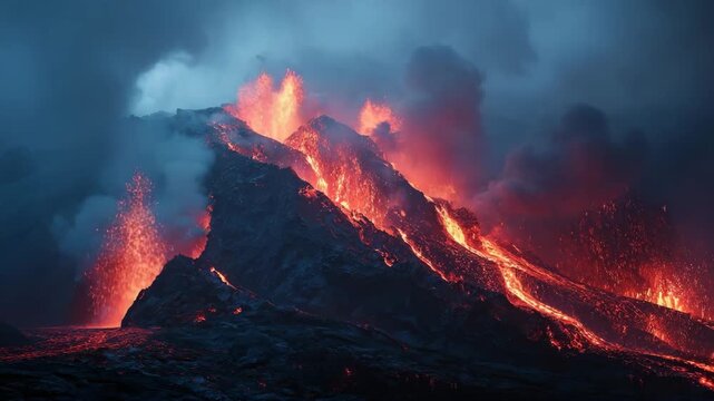 Erupting volcano with lava flows and smoke at nighttime