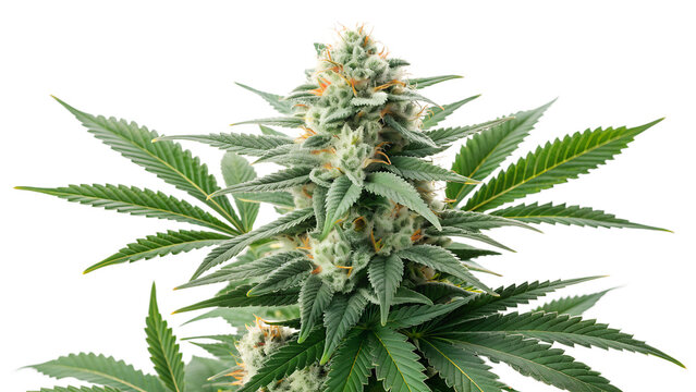 Fresh Green Medical Cannabis Buds with Leafy Foliage Isolated on White Background