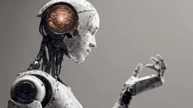 Futuristic humanoid robot with a glowing eye and intricate metallic build observes its articulated hand. This advanced AI symbolizes innovation, machine learning, and future technology, ideal for robo
