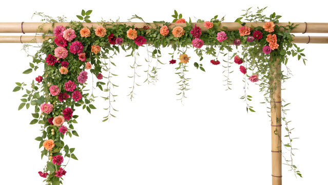 Blooming Floral Vine Garland on Natural Bamboo Branch Isolated on White