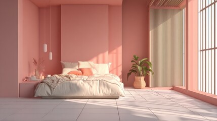 Minimalist bedroom interior design with large window and modern furniture