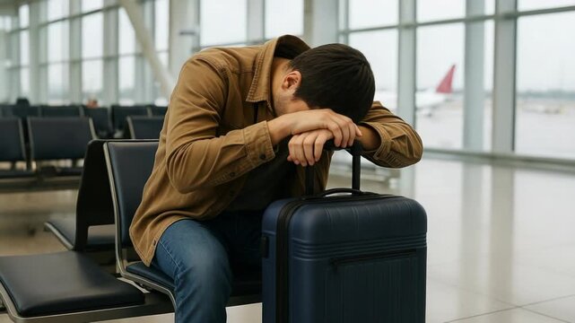 A tired man rests his head on his suitcase at the airport. He appears sad and exhausted from travel delays.