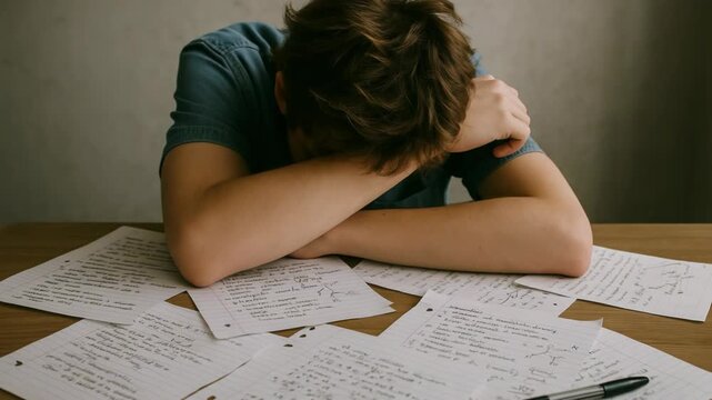 A young student is overwhelmed by academic pressure and extensive notes. He rests his head on the table, feeling stressed and exhausted.