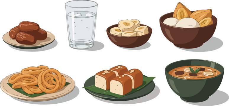 Ramadan Iftar Food Vector Set with Dates, Water, Traditional Snacks and Soup &ndash; Flat Islamic Meal Illustration