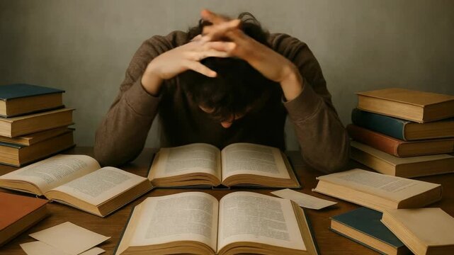 A student is overwhelmed by extensive reading and academic pressure. He feels stressed and exhausted from intense study sessions.