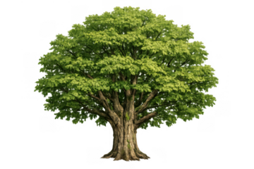 Large deciduous tree growing vigorously, showing vibrant green leaves and a robust bark texture on its trunk, isolated