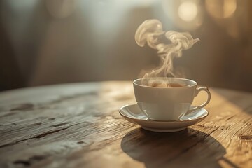 Generative AI Cozy Coffee Cup with Rising Steam on Wooden Table