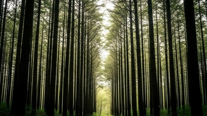 Fototapeta premium Serene forest glade with towering trees and sunlit pathway