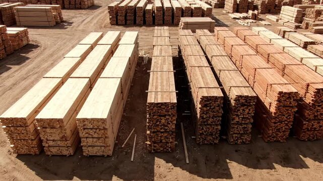 An aerial view shows vast stacks of lumber at a timber yard. Various wood products are neatly organized under the bright sun.