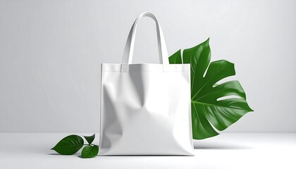 Blank White Tote Bag with Green Leaves.