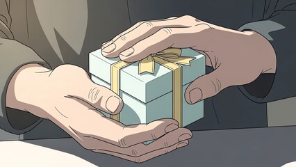 Hands offering gift box with ribbon