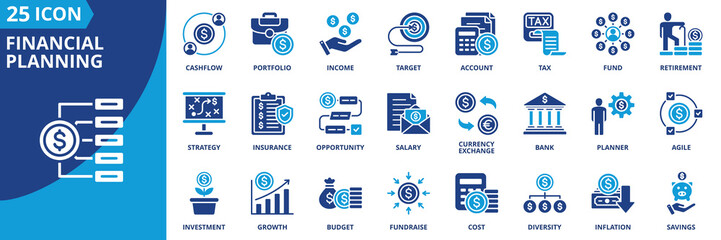 financial planning icon set collection in solid glyph dual color style. pack contain budget, savings, investment, income, salary, currency exchange, liability, cashflow, fundraise, strategy icon © Uniconlabs