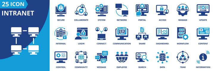 Obraz premium intranet icon set collection in solid glyph dual color style. pack contain network, portal, access, internal, community, connect, collaborate, communication, team, information icon