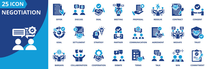 negotiation icon set collection in solid glyph dual color style. pack contain deal, agreement, talk, discuss, bargain, contract, offer, terms, collaboration, partner icon