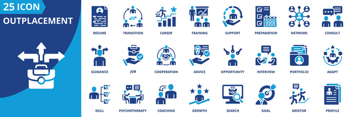 outplacement icon set collection in solid glyph dual color style. pack contain career, transition, support, guidance, coaching, cooperation, adapt, opportunity, network, advice icon