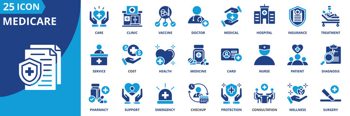 medicare icon set collection in solid glyph dual color style. pack contain health, care, doctor, nurse, hospital, medical, clinic, patient, treatment, card icon