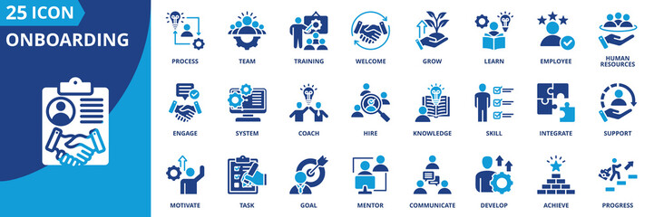 onboarding icon set collection in solid glyph dual color style. pack contain welcome, training, learn, orient, progress, team, process, human resources, grow, support icon