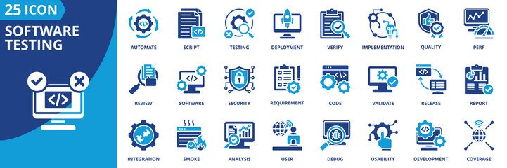 software testing icon set collection in solid glyph dual color style. pack contain testing, debug, quality, verify, script, deployment, coverage, implementation, automate, user icon © Uniconlabs
