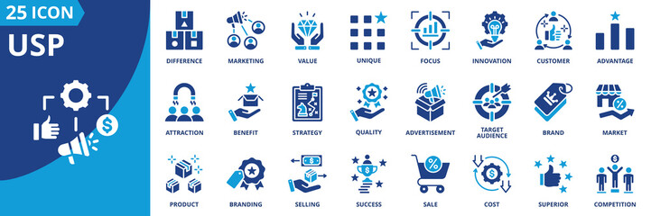 Fototapeta na wymiar usp icon set collection in solid glyph dual color style. pack contain unique, value, focus, benefit, advantage, difference, quality, marketing, target audience, success icon