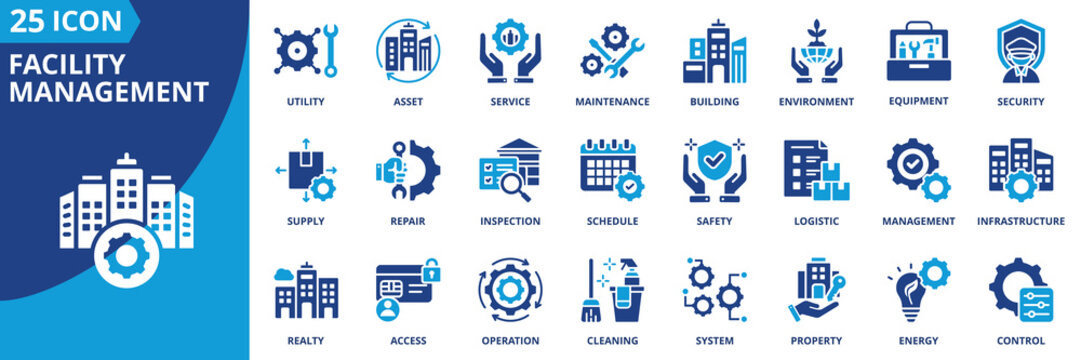 facility management icon set collection in solid glyph dual color style. pack contain building, maintenance, asset, service, operation, security, cleaning, utility, space, energy icon