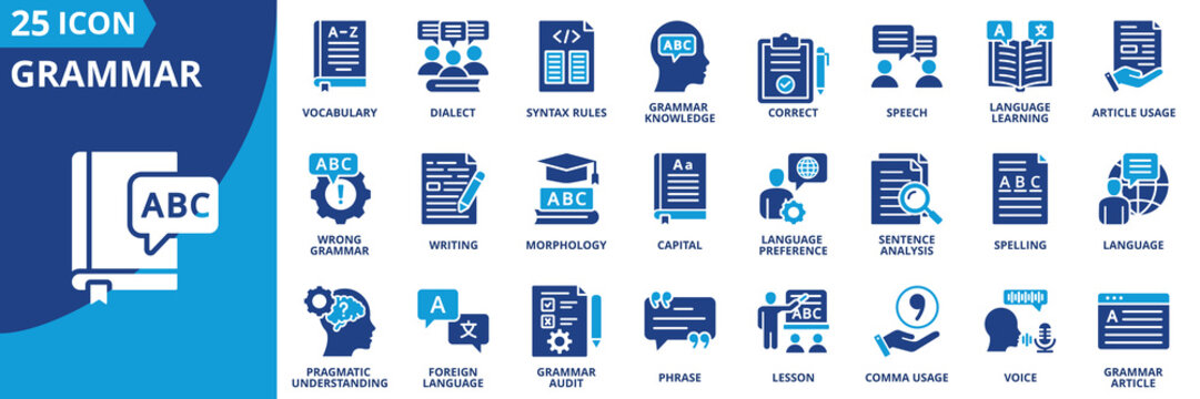 grammar icon set collection in solid glyph dual color style. pack contain vocabulary, foreign language, morphology, dialect, syntax rules, voice, language, lesson, article usage, writing icon