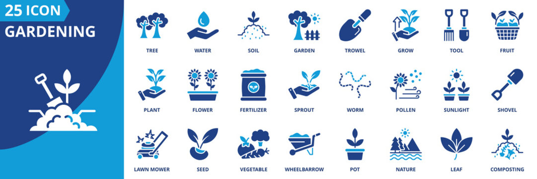 gardening icon set collection in solid glyph dual color style. pack contain plant, soil, water, seed, grow, flower, leaf, vegetable, lawn mower, tree icon