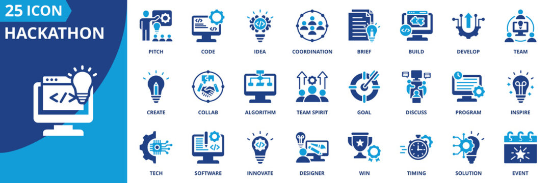 hackaton icon set collection in solid glyph dual color style. pack contain code, team, idea, innovate, build, brief, create, pitch, timing, algorithm icon