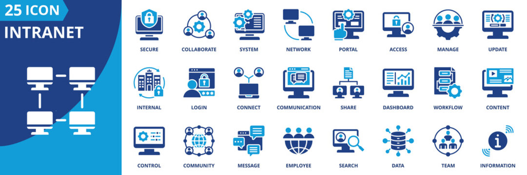 intranet icon set collection in solid glyph dual color style. pack contain network, portal, access, internal, community, connect, collaborate, communication, team, information icon