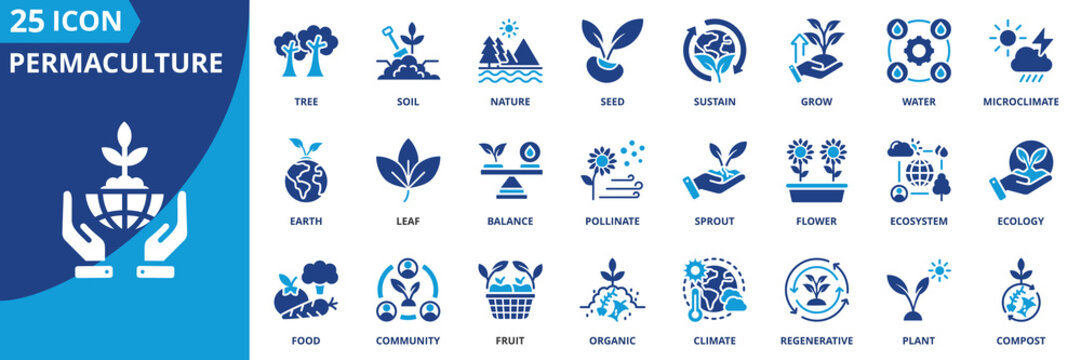permaculture icon set collection in solid glyph dual color style. pack contain nature, soil, plant, water, earth, grow, seed, regenerative, tree, ecosystem icon