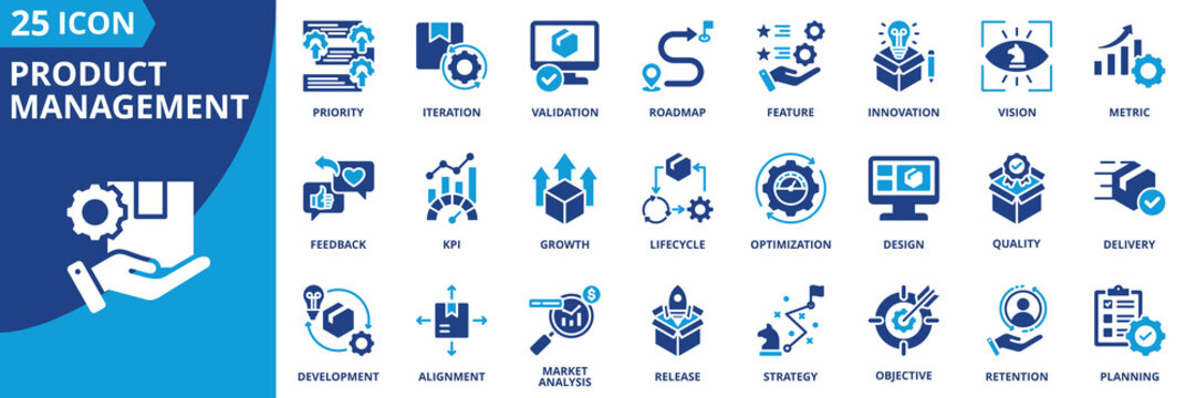 product management icon set collection in solid glyph dual color style. pack contain roadmap, metric, strategy, vision, iteration, market analysis, development, design, growth, quality icon