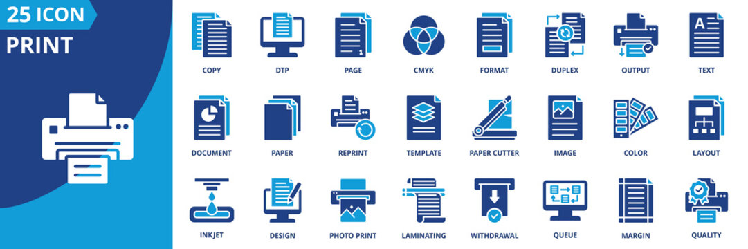 print icon set collection in solid glyph dual color style. pack contain inkjet, paper, copy, output, queue, duplex, page, format, layout, template icon