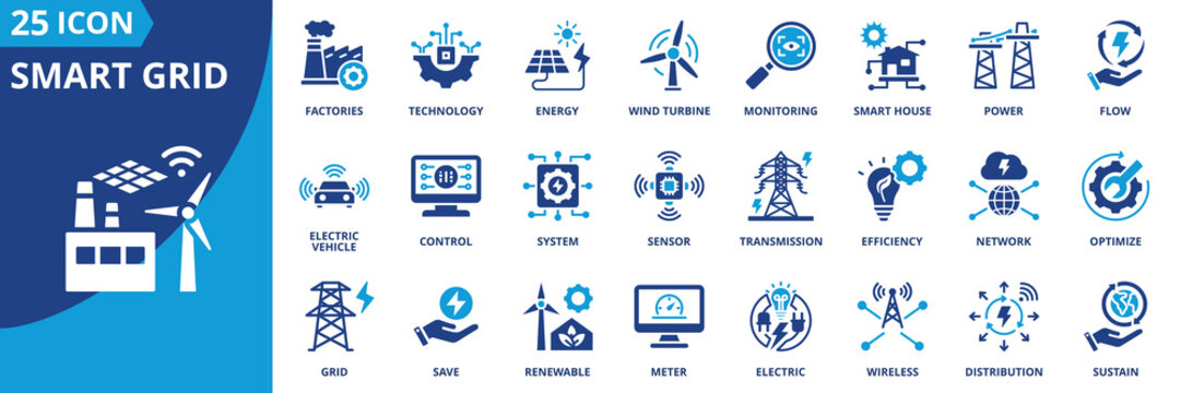 smart grid icon set collection in solid glyph dual color style. pack contain energy, grid, network, power, electric, flow, factories, monitoring, technology, wind turbine icon