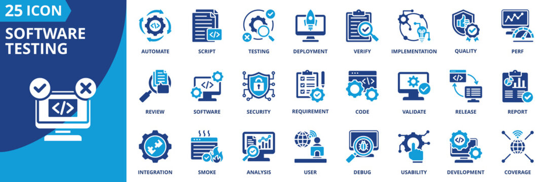 software testing icon set collection in solid glyph dual color style. pack contain testing, debug, quality, verify, script, deployment, coverage, implementation, automate, user icon