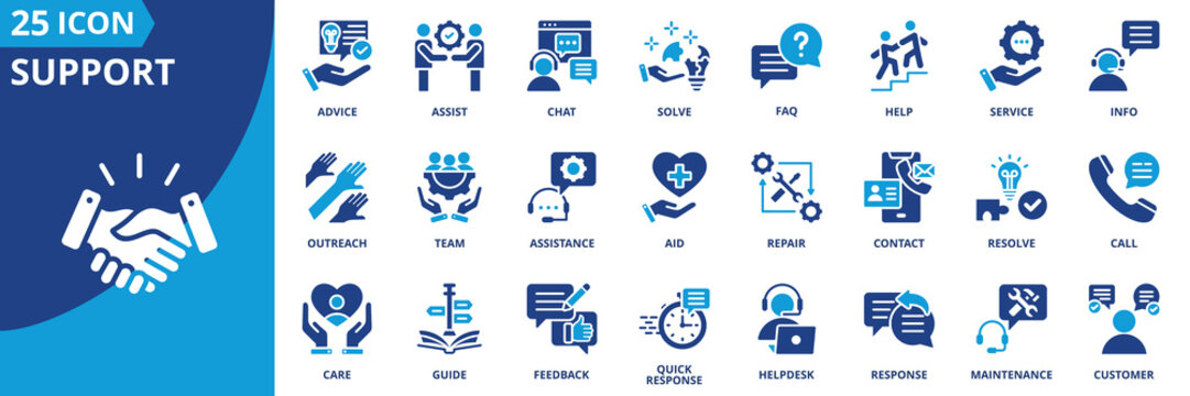 support icon set collection in solid glyph dual color style. pack contain help, assist, service, care, guide, advice, aid, solve, contact, support icon