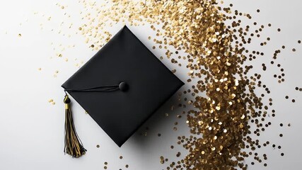 Black graduation cap with gold and black tassel on white, surrounded by golden confetti